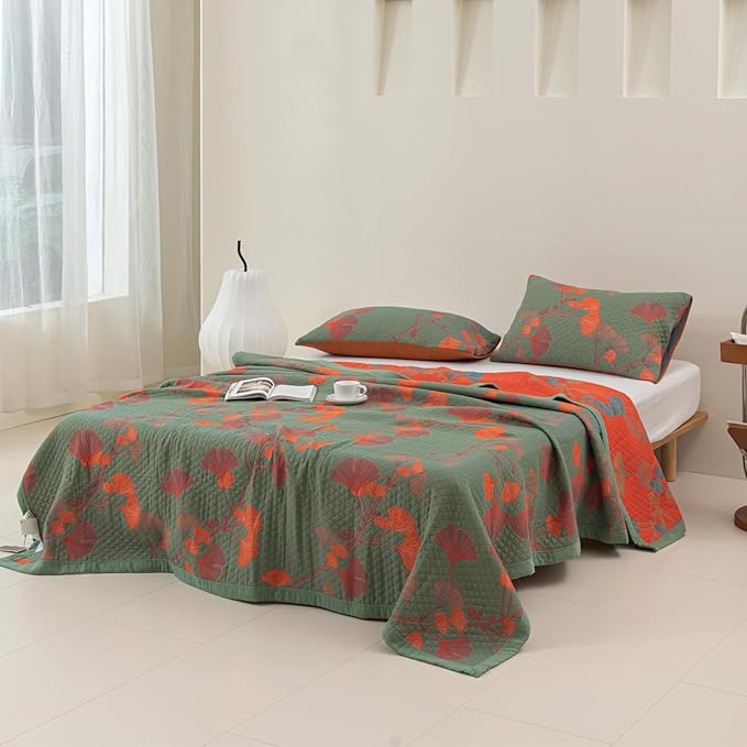 100% Cotton Muslin Blanket Jacquard Green Orange Floral Ginkgo Leaves Quilt, Soft Bed Cover Lightweight Breathable Gauzy Reversible Bedspread Coverlet Twin(59"x94"), No Pillow Sham