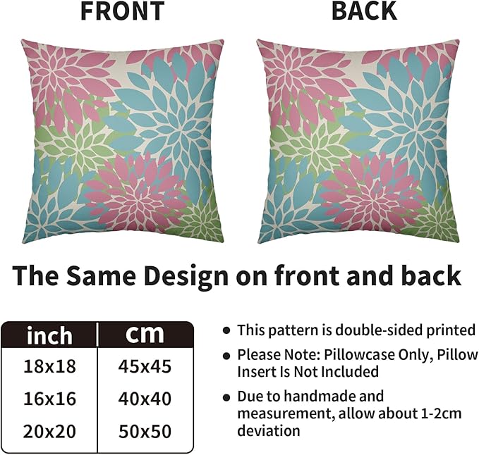 Blue Pink Green Spring Pillow Covers 20X20 Inch Set of 2, Colored Floral Colorful Easter Themed Flower Decorative Throw Pillow Covers Outdoor Farmhouse Cushion Case for Couch Sofa Bed Decor