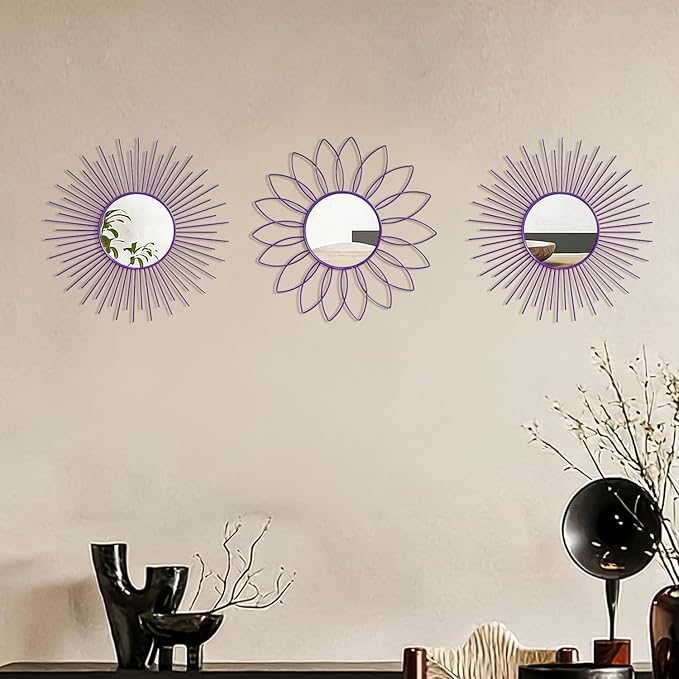 3 Pack Metal Mirrors for Wall Sunburst Wall Mirrors Home Décor Decorative Hanging Wall Art for Living Room Bedroom Entryway (Purple, Flower+Sunburst)