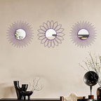 3 Pack Metal Mirrors for Wall Sunburst Wall Mirrors Home Décor Decorative Hanging Wall Art for Living Room Bedroom Entryway (Purple, Flower+Sunburst)