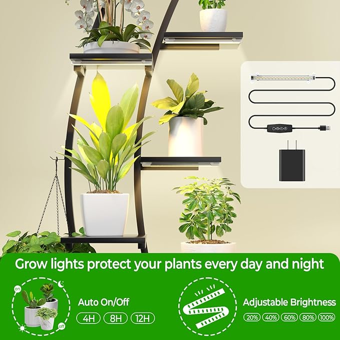 Plant Stand Shelf Rack Indoor with 8 Built in Grow Light, 10 Tiered 65" Tall Black Large Lighted Half Moon Curved Plant Stand for Indoor Growing, 2 Pack Arch Sturdy High Herb Flower Shelving