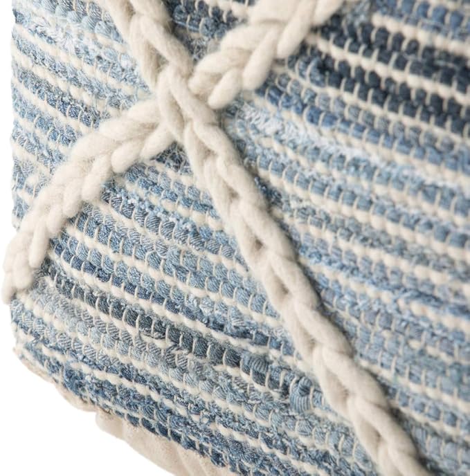 SIMPLIHOME Cowan Square Pouf - 20 inch Wide Handloom Woven Wool and Cotton Ottoman in Blue and Natural, Contemporary Footstool or Extra Seating for Living Room, Bedroom, or Kids Room, Assembled