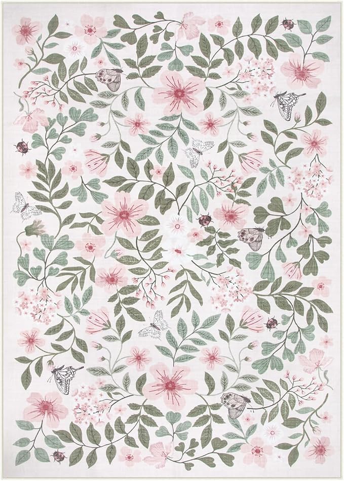 Lahome Reverie Pink Floral Rugs for Girls Bedroom 5x7, Washable Soft Nursery Decor Shabby Chic, Non-Slip Thin Carpet for Kids Room, Baby Girl Nursery, Dorm, Cozy Reading Nook