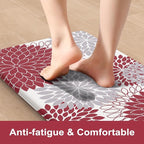 Anti Fatigue Kitchen Mats,17"x59"+17"x29" Non Slip Boho Dahlia Kitchen Rugs Sets of 2,Farmhouse Waterproof Kitchen Mat for Floor,Cushioned Standing Mat for Office,Laundry,Sink,Desk,Red