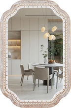 36x24'' Rustic Farmhouse Decorative Wall Mirrors for Entryway - Boho Wooden Scalloped Accent Mirror for Bathroom Over Sink, Foyer, Hallway - Vertical/Horizontal