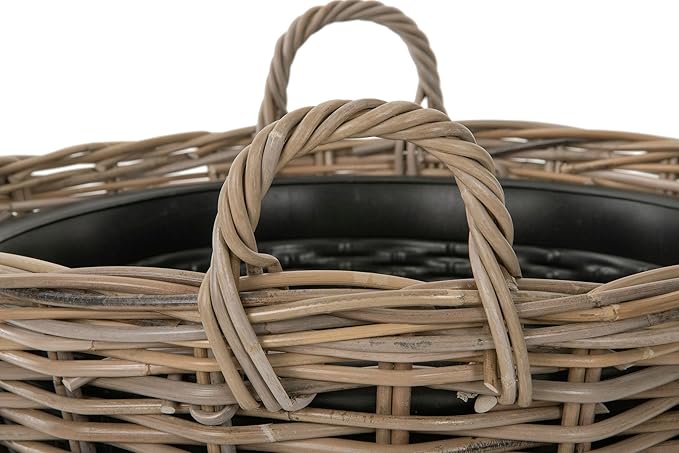 Kouboo Round Rattan Planter Basket with Handles - 11 Gallon Plastic Pot Liner with Drain Holes Included - No Saucer - Indoor and Outdoor Use