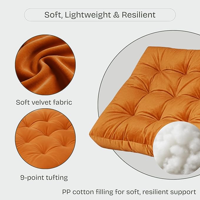 Meditation Floor Pillow Set of 2, Large Velvet Floor Pillows for Sitting, Tufted Floor Seating Cushions for Adults, Big Pillows for Yoga & Living Room, 22x22 Inch, Orange