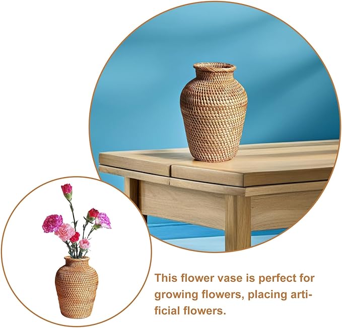 Wicker Flower Basket Vase Rustic Rattan Plant Holder Basket Woven Straw Dried Flower Vase Country Style Decorative French Tall Floor for Bathroom Bedroom Living Room