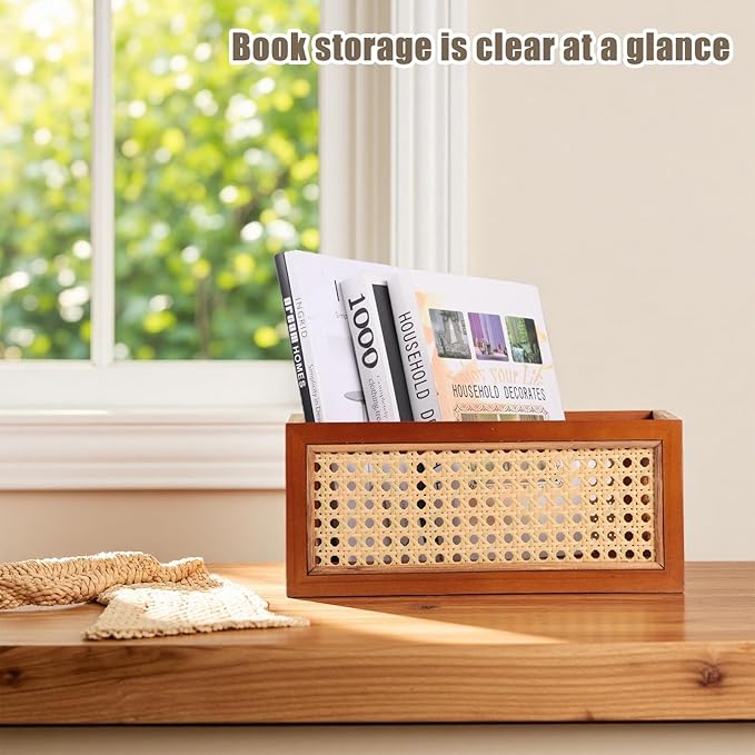 Rattan Storage Baskets Set, Wooden Frame with Woven Cane Design, Nesting Organizer Bins for Living room Bedroom Bathroom Kitchen Shelf, Set of 2