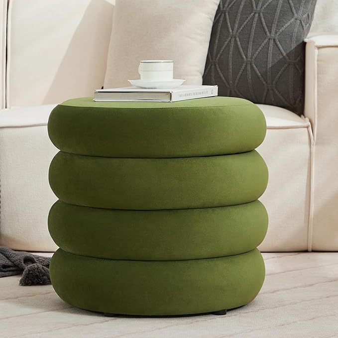 Compact Round Ottoman, Plush Velvet Upholstery Storage Ottoman, Modern Tufted Circle Design with Removable Lid for Lounge, Dorm and Entryway,Olive Green