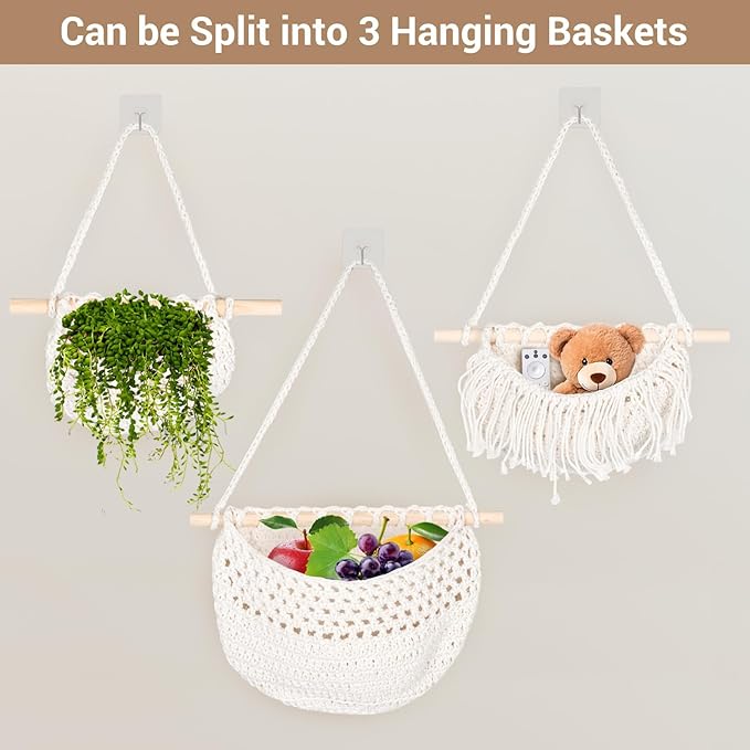 Hanging Fruit Baskets for Kitchen,3 Tier Handmade Woven Cotton Rope Wall Basket for Organizing & Decorating,Boho Room Decor,Storage for Home,Living&Bathroom Bedroom Diningroom (White)