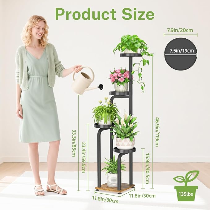 iDavosic.ly Tall Plant Stand Indoor, 4 Tier Corner Multiple Flower Holder Shelf with Metal Trays, Space Saving Display Rack for Living Room Balcony Patio Porch Outdoor | Black & Brown