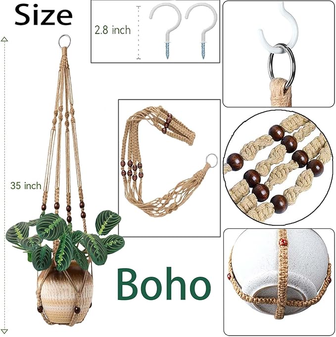 AKEIE Brown Macrame Plant Hanger Indoor Outdoor Plant Holder Basket 41'' Hanging Planter Rope w/Wood Beads No Tassels for Indoor Outdoor Boho Home Decor(Brown)