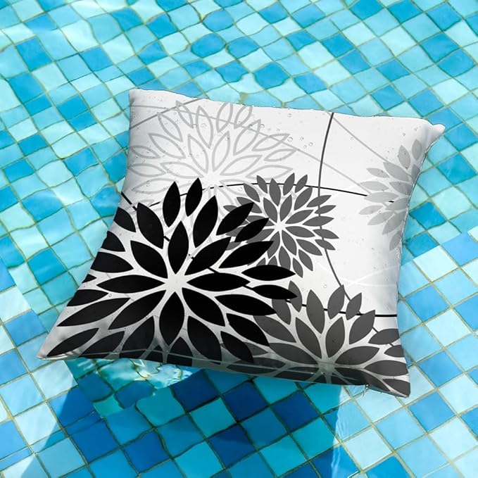 Black Grey Floral Pillow Covers 20x20 Set of 2 Outdoor Waterproof White Colored Decorative Throw Pillows Summer Pillowcase Polyester Cushion Case Decor for Couch Patio Funiture Garden Porch 01L20