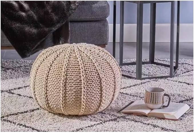 Knitted Pouf Ottoman - 19.5" Round Cotton Footrest - Beige - Cozy Seat & Home Decor - Versatile Storage Ottoman