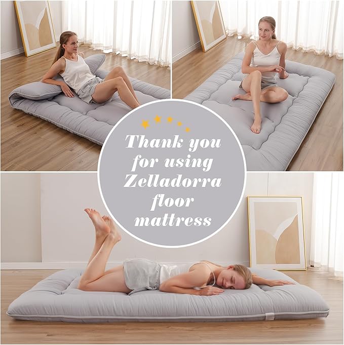 Japanese Floor Mattress, Futon Mattress with Storage Bag and Washable Cover, Roll Up Tatami Mat Suitable for Guest Room, Grey, Full