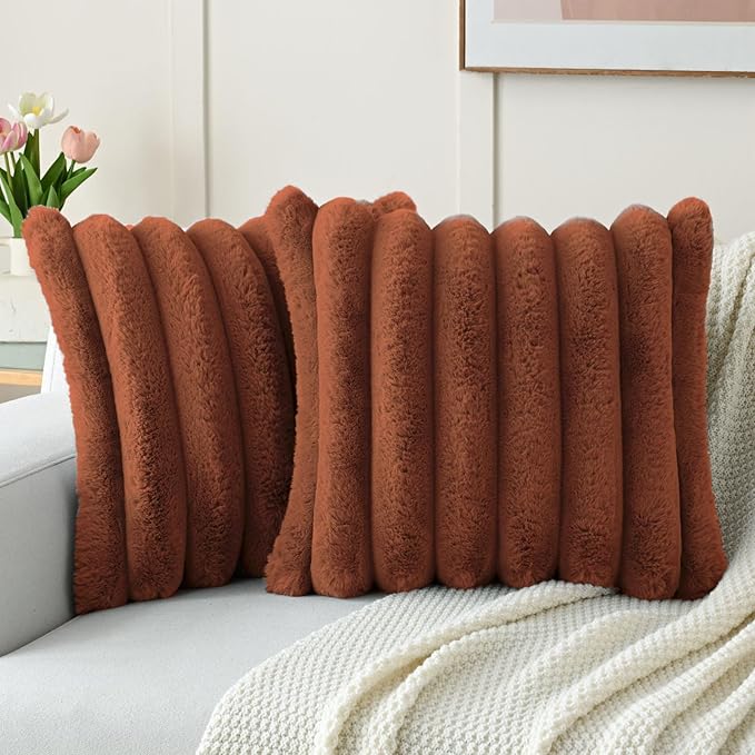 FUTEI Rust Decorative Throw Pillow Covers 24x24 Inch Set of 2, Square Soft Faux Rabbit Fur Big Striped Cushion Cover,Home Decor for Couch Sofa Bed Living Room
