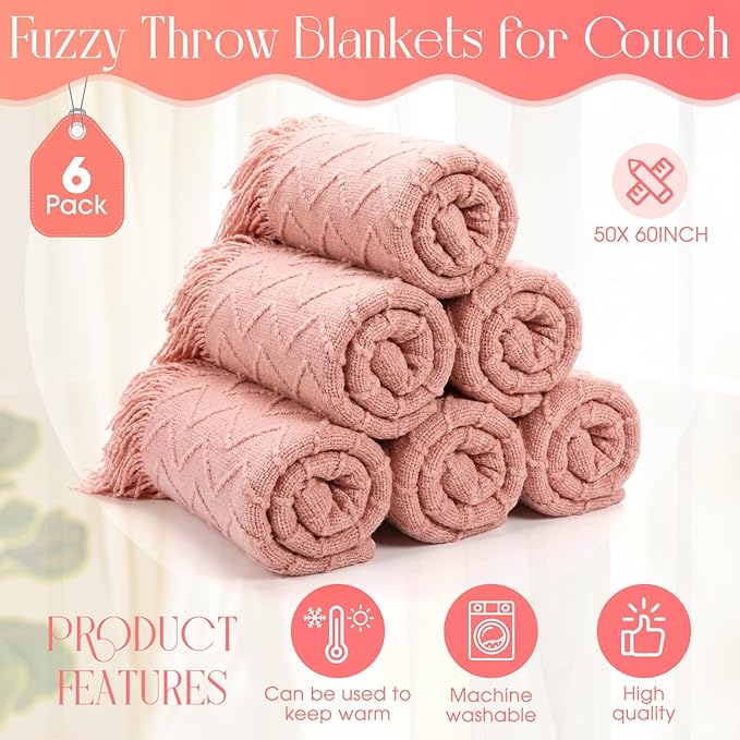 Buryeah 6 Pack Boho Knitted Throw Blankets with Tassels 50x60 Soft Warm Throws Bulk for Wedding Guests Housewarming Employee Teacher Appreciation Gifts Cozy Farmhouse Home Decor (Pink)