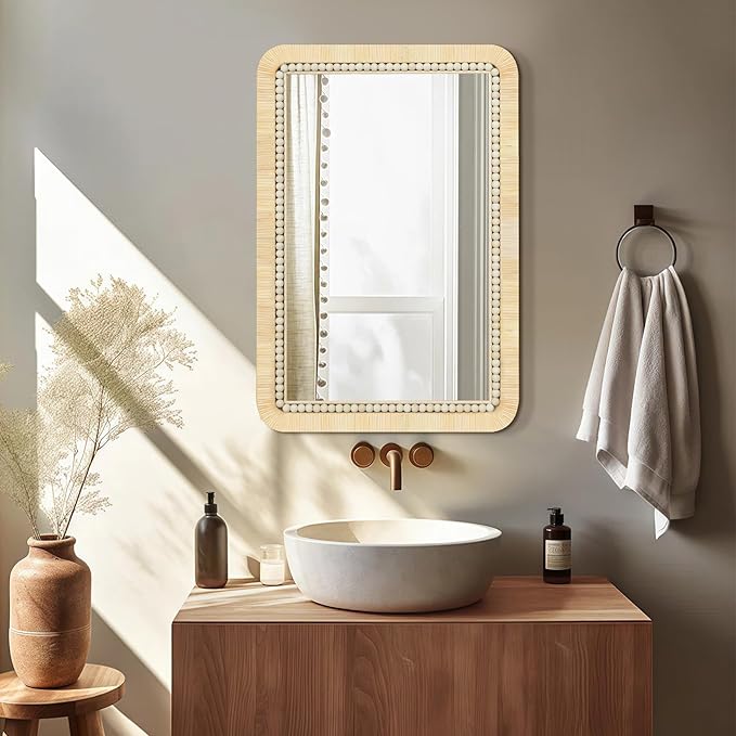 ULIKE Rattan Mirror for Bathroom, 24x36 Inch Rectangle Rustic Farmhouse Wall Decor with Handmade Wicker Frame, Boho Mirror for Nursery Bedroom Living Room Entryway