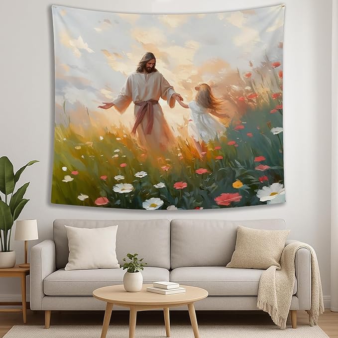 bitCNY Jesus Holding Girl’s Hand Tapestry 60x50 Inches – Christian Faith Tapestry, Inspirational Wall Art for Kids Room, Living Room Religious Decor