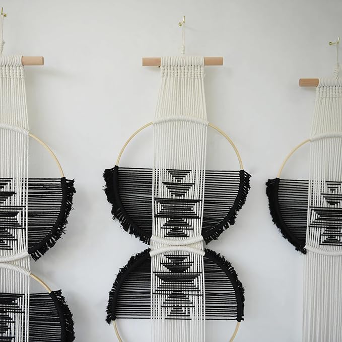 Flber Macrame Wall Hanging Combination 3 Pcs Beige and Black Handmade Woven Boho Home Chic Wall Decor Geometric Art Decor Bedroom Nursery Apartment Dorm Decoration Minimalistic Neutral Wall Decor