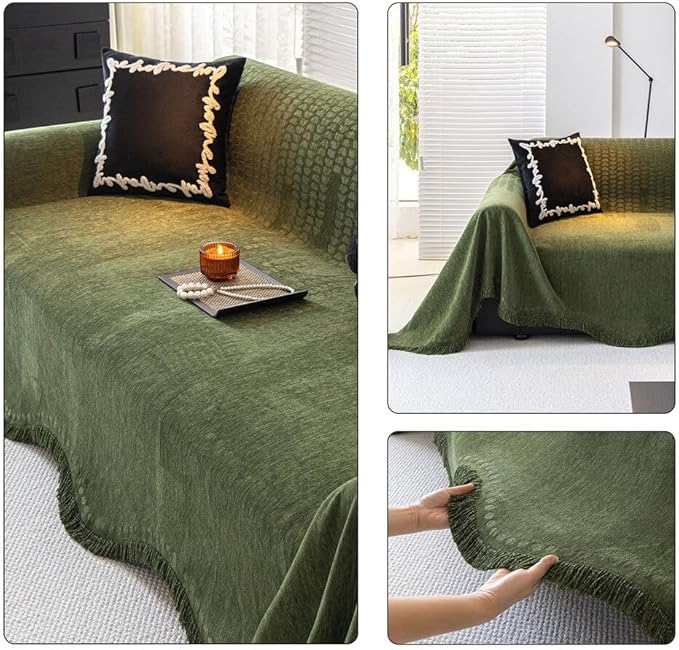 ROOMLIFE Green Couch Cover Sofa Covers, Chenille Couches Covers for 3 Cushion Sofas, Non Slip Soft Breathable Sofa Slipcovers for Pet, Washable Furniture Protector with Tassel,71''X134”