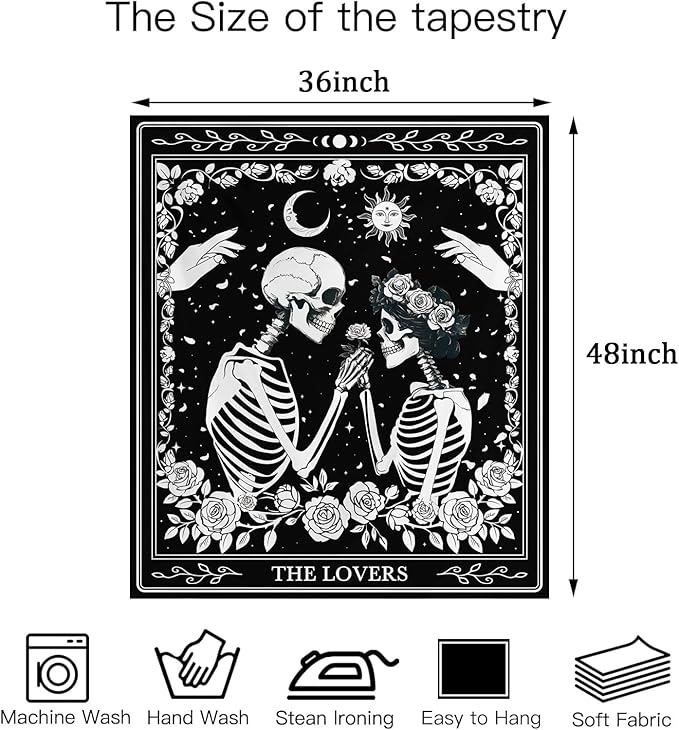 Atrippy Halloween Gothic Room Decor Tapestry, Goth Skull Grunge Tapestry for Bedroom, Witchy Dark Aesthetic Home Decor, Small Skeleton Vintage Black and White Emo Wall Decor (36" X 48")