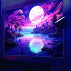 Atrippy Blacklight Pink Tapestry for Bedroom, UV Reactive Mountain Nature Tree Room Decor Wall Tapestries, Moon Landscape Forest Backdrop for Living Room Dorm Office 40" X 60"