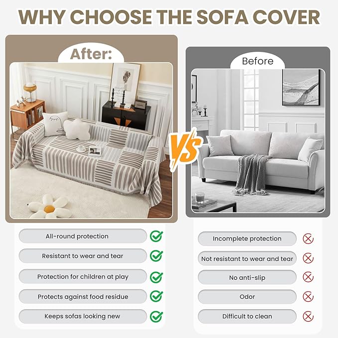 ROOMLIFE Chenille Couch Cover for Sectional Couches, 3 Cushion Sofa Cover Pet-Friendly Anti-Slip Stretchable Sofa Slipcovers Furniture Protector Fits Loveseat Recliner, 71x118 Inch (Khaki Striped)