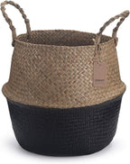 Seagrass Plant Basket with Handles Natural Woven Storage Baskets (Black 9 inch D x 11 inch H)