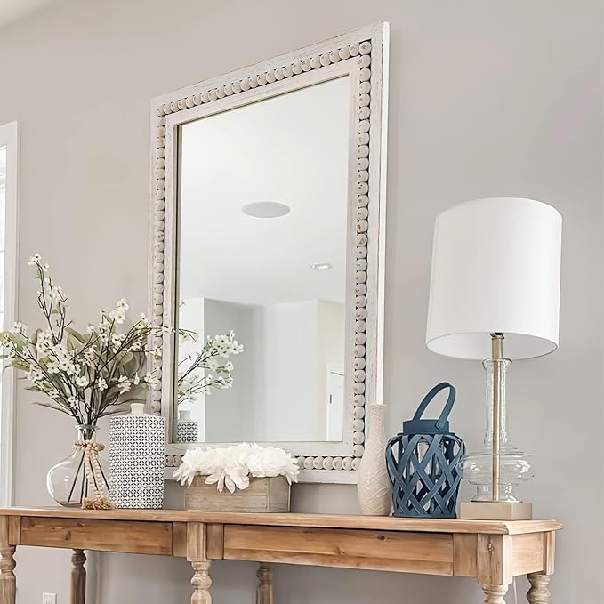 H HOMEWINS Rustic Wooden Mirror,22x30 Inch Farmhouse Boho Bathroom Rectangle Nursery White Beads Decor Wall-Mounted Mirror for Bedroom, Living Room,Vanity,Entryway,Over Sink