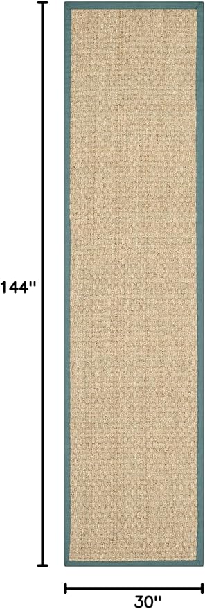 SAFAVIEH Natural Fiber Collection Runner Rug - 2'6" x 12', Natural & Light Blue, Seagrass, Basketweave Pattern with Border (NF114M)