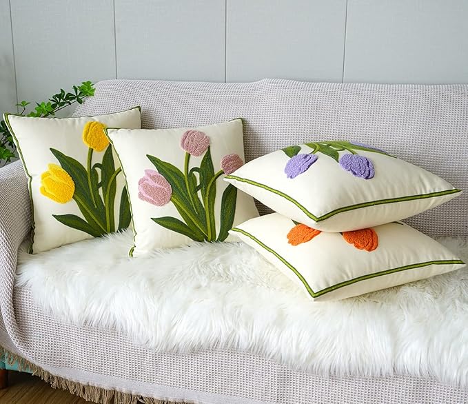 vctops Farmhouse Tulip Cotton Tufted Throw Pillow Cover Spring Floral Embroidery Pillowcase Soft Square Cushion Case for Sofa Couch Bed Chair (Yellow,18"x18")