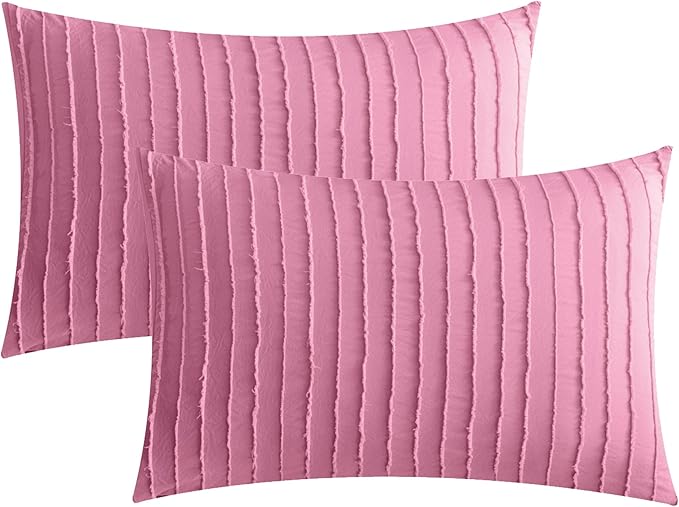 JELLYMONI Pillowcases Standard Size Bright Pink 2 Pack Boho Striped Bed Pillow Covers 20x26in Polyester Envelope Pillow Shams Tufted Bohemian Textured (Pillows are not Included)