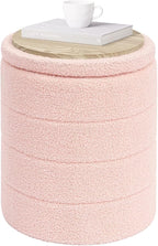 PINPLUS Round Storage Ottoman Foot Rest Stool with Tray Velvet Sherpa Folding Storage Ottoman,Boucle Foot Rest for Living Room, Bedroom, Dorm（Pink）