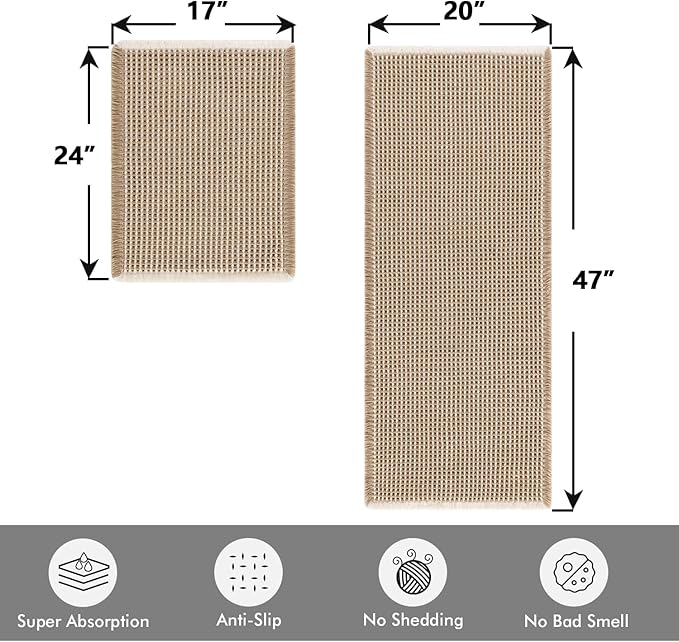 MIULEE Set of 2 Waffle Bathroom Rugs, Boho Bath Rugs Non Slip Washable, Super Absorbent Bath Mats, Ultra Soft Rubber Backed Shower Mats for Bathroom Floor, Tub, Brown & White, 17"x24"+20"x47"