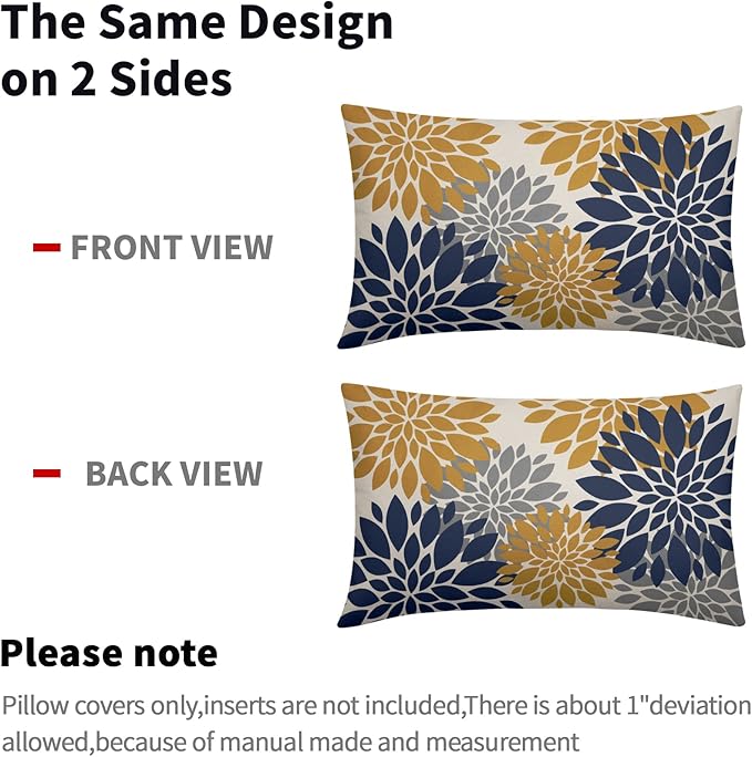 Navy Blue Yellow Pillow Covers 12X20 Inch Set of 2, Modern Geometry Dahlia Floral Print Decorative Rectangle Throw Pillow Covers Outdoor Farmhouse Cushion Case for Home Couch Sofa Bed Decoration