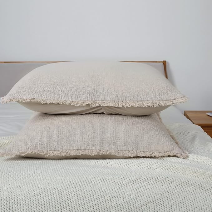 YINFUNG Quilted Euro Shams Set of 2 Natural Beige Linen Muslin Cotton Farmhouse Neutral 26×26 European Pillow Cover Oatmeal Tassel Fringe Boho Decorative Textured Gauze Suqare for Bed Sofa Light Brown