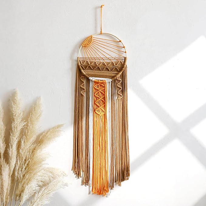 Artilady Macrame Wall Hanging Tapestry Sunrise Wall Art Boho Hanging Tapestries Large Dream Catcher, Hand Woven Orange Brown Sun Home Decorations for Bedroom Living Room Nursery (Brown Sunrise)