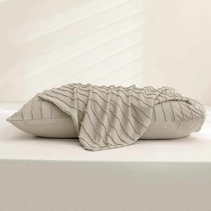 JELLYMONI Pillowcases Standard Size Khaki 2 Pack Boho Striped Bed Pillow Covers 20x26in Polyester Envelope Pillow Shams Tufted Bohemian Textured (Pillows are not Included)