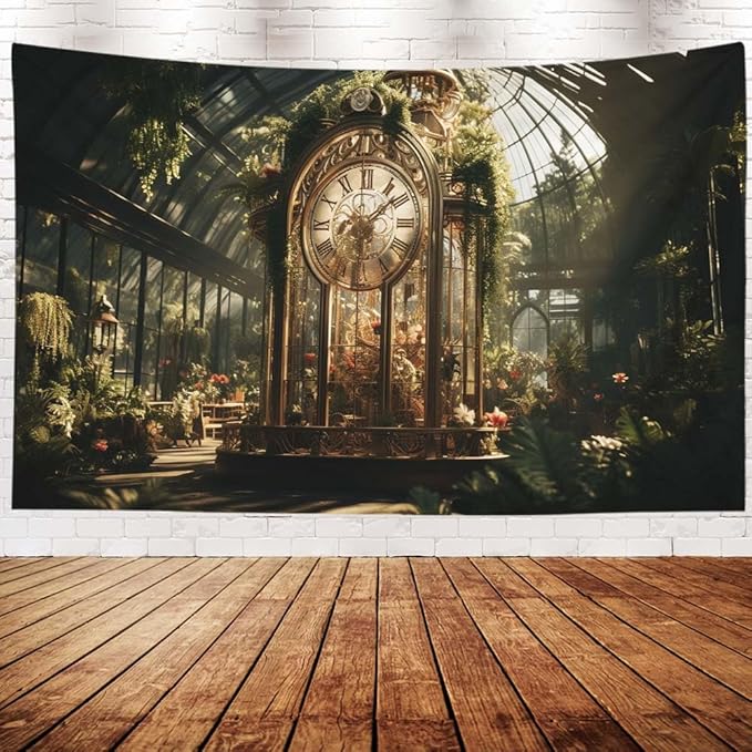 EMMTEEY Gothic Garden Bedroom Tapestry 60X40 Inch - Flowers Vintage Clock Room Wall Decor Medieval Forest Backdrop for Dorm Classroom