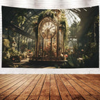 EMMTEEY Gothic Garden Funny Tapestry 92.5X70.9 Inch - Flowers Vintage Clock Home Wall Decor Medieval Forest Backdrop for Dorm Classroom