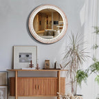 30" Wooden Round Mirrors for Wall Decor, Farmhouse Rustic Circle Decorative Mirror with White Wash Beads for Bathroom Over Sink, Bedroom, Living Room, Entryway