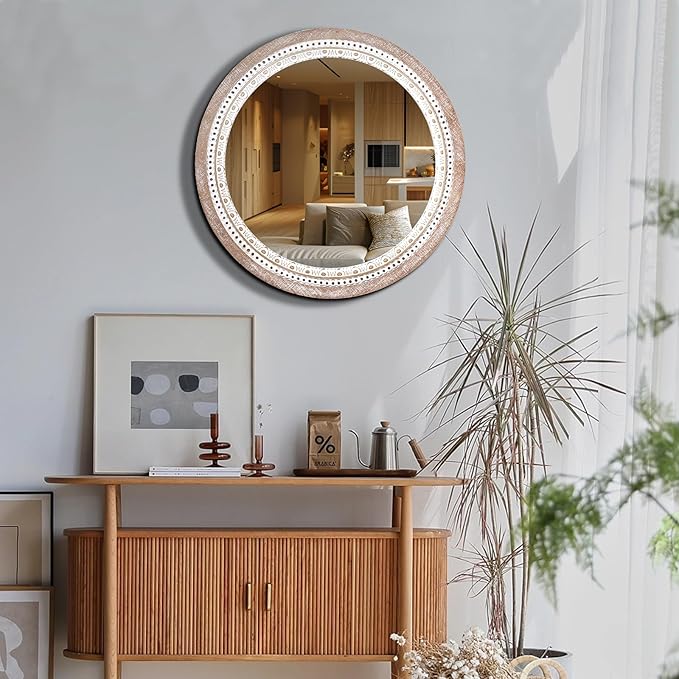 30" Wooden Round Mirrors for Wall Decor, Farmhouse Rustic Circle Decorative Mirror with White Wash Beads for Bathroom Over Sink, Bedroom, Living Room, Entryway