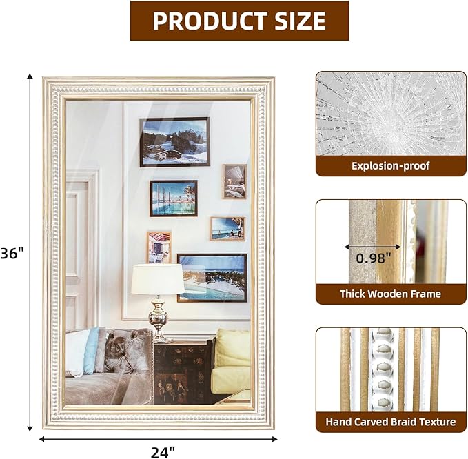 Wooden Rectangle Mirrors, 36x24 Inch Farmhouse Rectangular Mirrors with Beaded Boho Decorative Wall Mirror for Bathroom, Living Room, Entryway, Foyer (Horizontal/Vertical Mount)