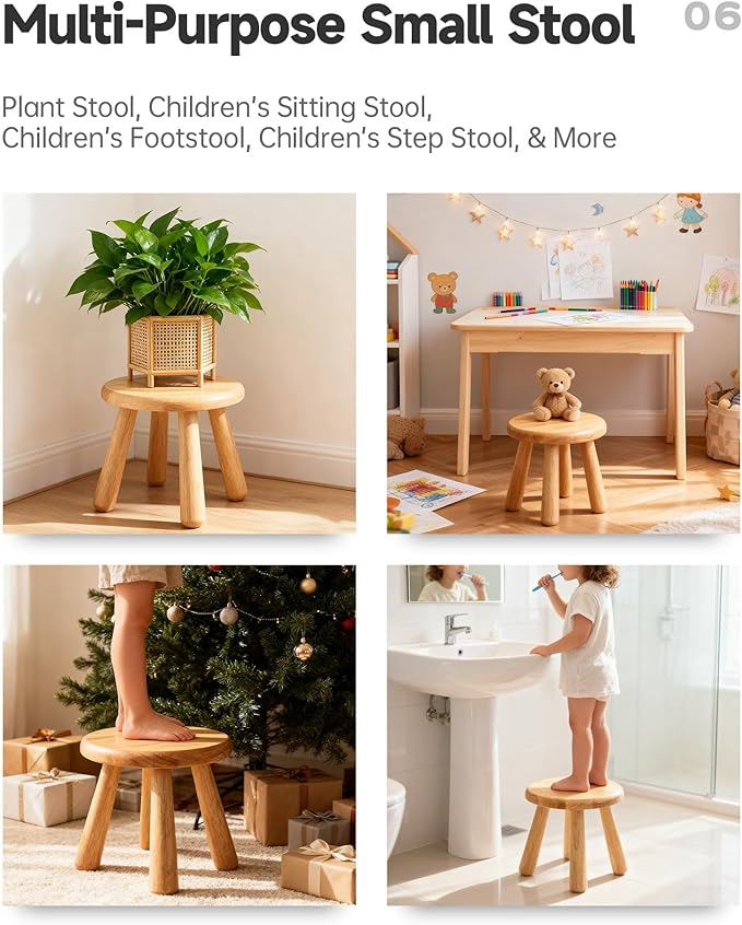 2 Pack Small Solid Wood Stool, Round Wooden Step Stool, Plant Stand or Stool for Kids and Adults, Sturdy Non-Slip Wood Seat for Bathroom, Bedroom, Living Room, Easy to Assemble, Natural