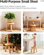 Small Solid Wood Stool, 10" Round Wooden Step Stool for Kids & Adults, Sturdy Plant Stand, Low Sitting Stool for Bathroom, Bedroom & Nursery, Easy Tool-Free Assembly, Natural (1 Pack)