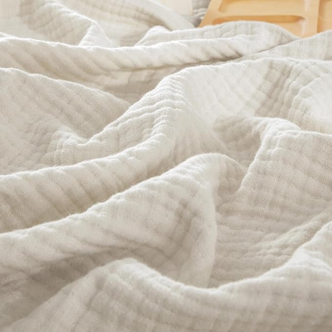 PHF 100% Cotton Muslin Throw Blanket 50" x 60", 4-Layer Lightweight and Breathable Blanket, Luxuriously Soft Gauze Throws for Couch Bed Sofa, Ideal Gift Choice, Oat Milk