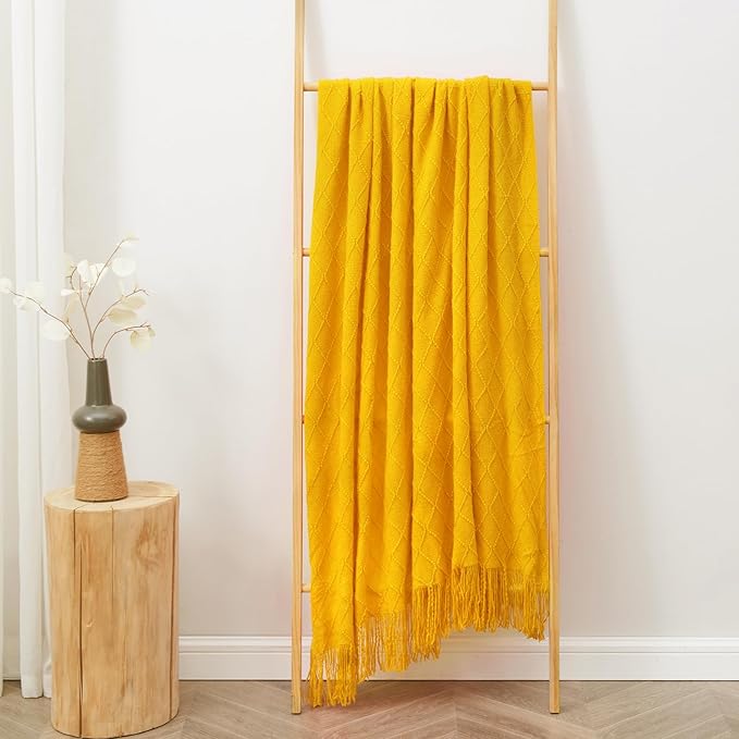 inhand Knitted Fall Throw Blanket for Couch and Bed, Knit Fall Decor Halloween Blanket with Tassel, Mustard Yellow Lightweight Decorative Farmhouse Warm Woven Blankets and Throws for Women, 60"x80"