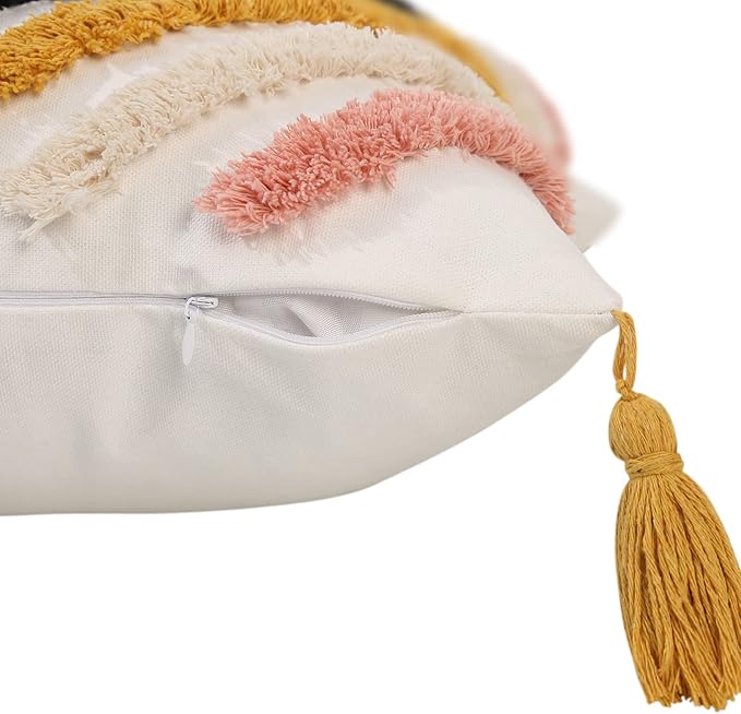 JASEN Boho Throw Pillow Covers, Woven Tufted Decorative Pillow Covers with Tassel Diamond Pattern Pillow Covers for Couch Sofa Bedroom Living Room No Pillow Insert, (Yellow, 18 x 18-Inch)